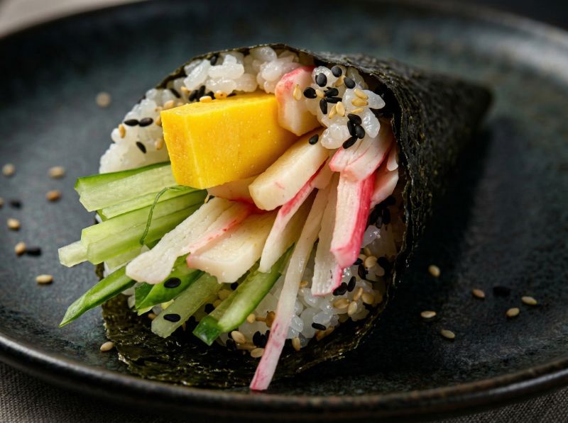 Temaki Califórnia — kani, manga, pepino e gergelim.